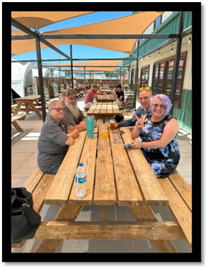A group of people sitting at a picnic table